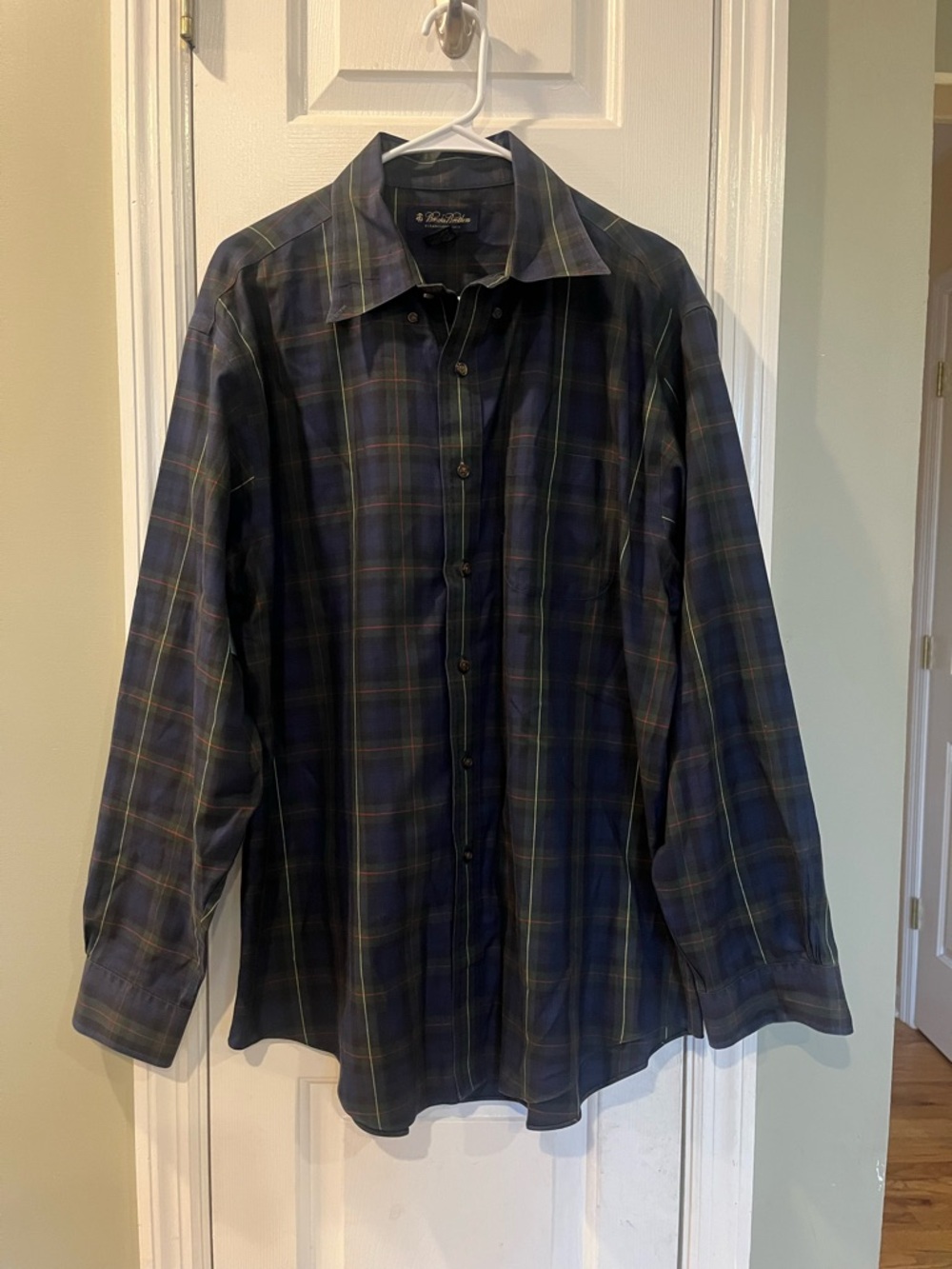 Brooks Brothers Men's Large Regent Fit Non-Iron Cotton Shirt Blue Green Plaid b2